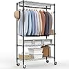 MZG Heavy Duty Rolling Garment Rack 3 Tiers Adjustable Wire Shelving Clothes Rack with Rods and Side Hooks,Storage Closet Clothing Rack with Wheels Black 15.7" D x 29.5" W x 74.5" H