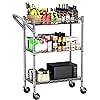 3 Tier Heavy Duty Rolling Utility Cart,18" D x 23.8" W x 36.6" H Rolling Carts with Wheels,Commercial Grade Metal Cart with Handle Bar & Shelf Liner,Trolley Serving Storage Cart for Kitchen Silver