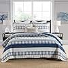 Homzard Queen Comforter Set - Blue White Tan Striped Queen Size Comforter Setst,Plaid Striped Bedding Set Quilt Set, Farmhouse Bedspread Queen Size, Lightweight Bedding Quilts 3 Pieces All Season