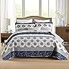 Homzard Quilt King Size-Comforter King Quilt Bedding Set,Navy Blue Beige Grey All Cotton Quilted Bedspread,Striped Floral Pattern Quilt Set,Lightweight Reversible 3 Piece Bedding Set,All Seasons