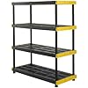 CX Black & Yellow®, 4-Tier Heavy Duty Plastic Storage Shelving Unit, 200lbs/shelf (55”H x 48”W x 20”D), for Indoor/Outdoor Organization, Modular Rack