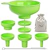 Pisol Wide Mouth Versatile Funnel, Canning Funnels for Kitchen Use, Food Grade Plastic Cooking Funnel Set with 4 Size Spouts and 2 Strainers for Filling Different Bottles and Bags, Green