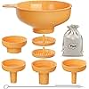 Pisol Wide Mouth Versatile Funnel, Canning Funnels for Kitchen Use, Food Grade Plastic Cooking Funnel Set with 4 Size Spouts and 2 Strainers for Filling Different Bottles and Bags, Orange