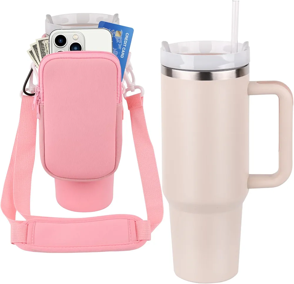 40 oz Tumbler with Handle and Carrier Bag, Stainless Steel Cup Reusable Insulated Coffee Mug,Keep Hot/Cold,Travel Water Bottle with holder For Travel Home, Office (Pink)