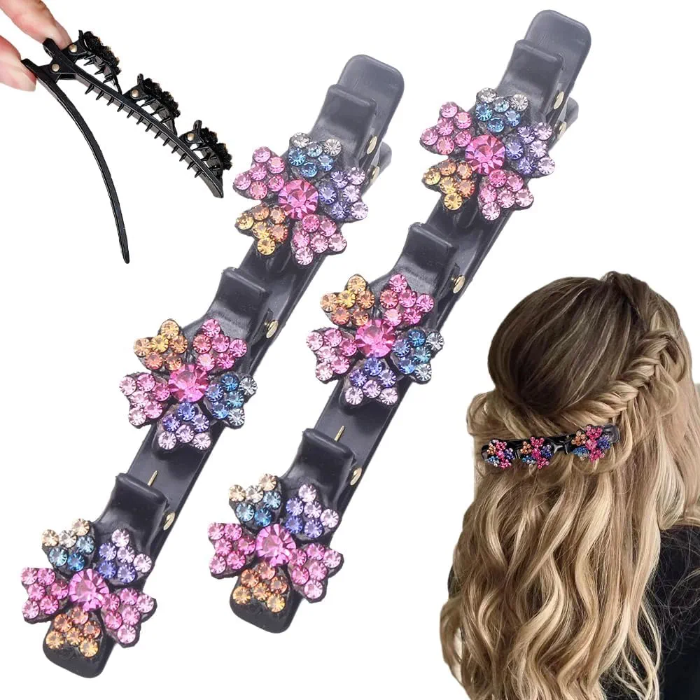 2 Pcs Sparkling Crystal Stone Braided Hair Clips, 2025 New Satin Fabric Hair Bands Rhinestone Four-Leaf Clover Hair Clip for Styling, Duck Bill Clips for Women Girls (A)