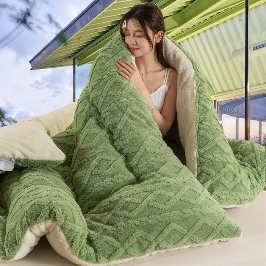 Sherpa Comforter Set Fluffy Touch Fleece Comforter King Elegant Green Color Thick Comforter Set(A,200 * 230cm/5.0kg)