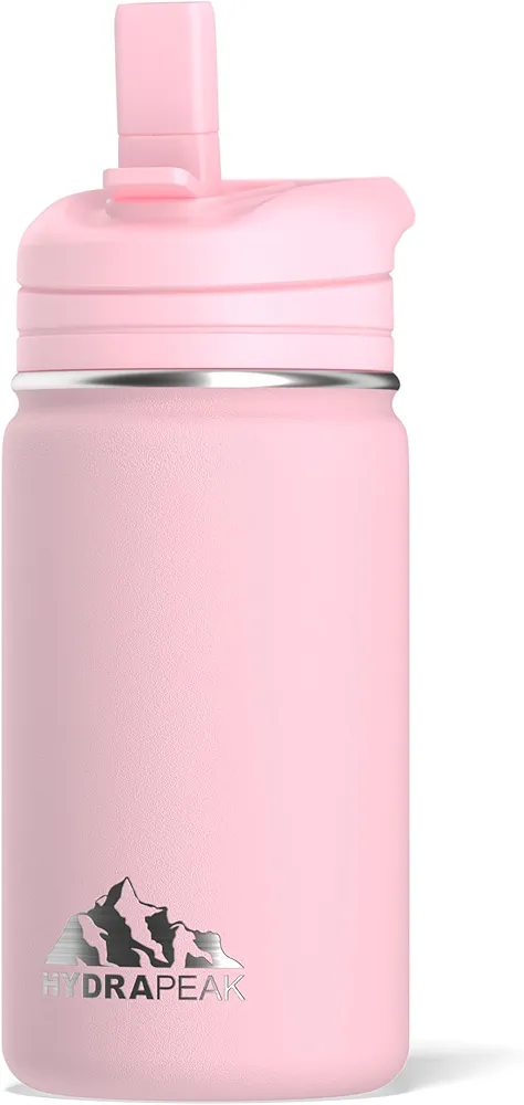 Hydrapeak Mini 14oz Water Bottle with Straw Lid, Stainless Steel Double Wall Insulated Water Bottle | Leak-Proof and Spill-Proof Water Bottle, 24 Hours Cold (Pink)