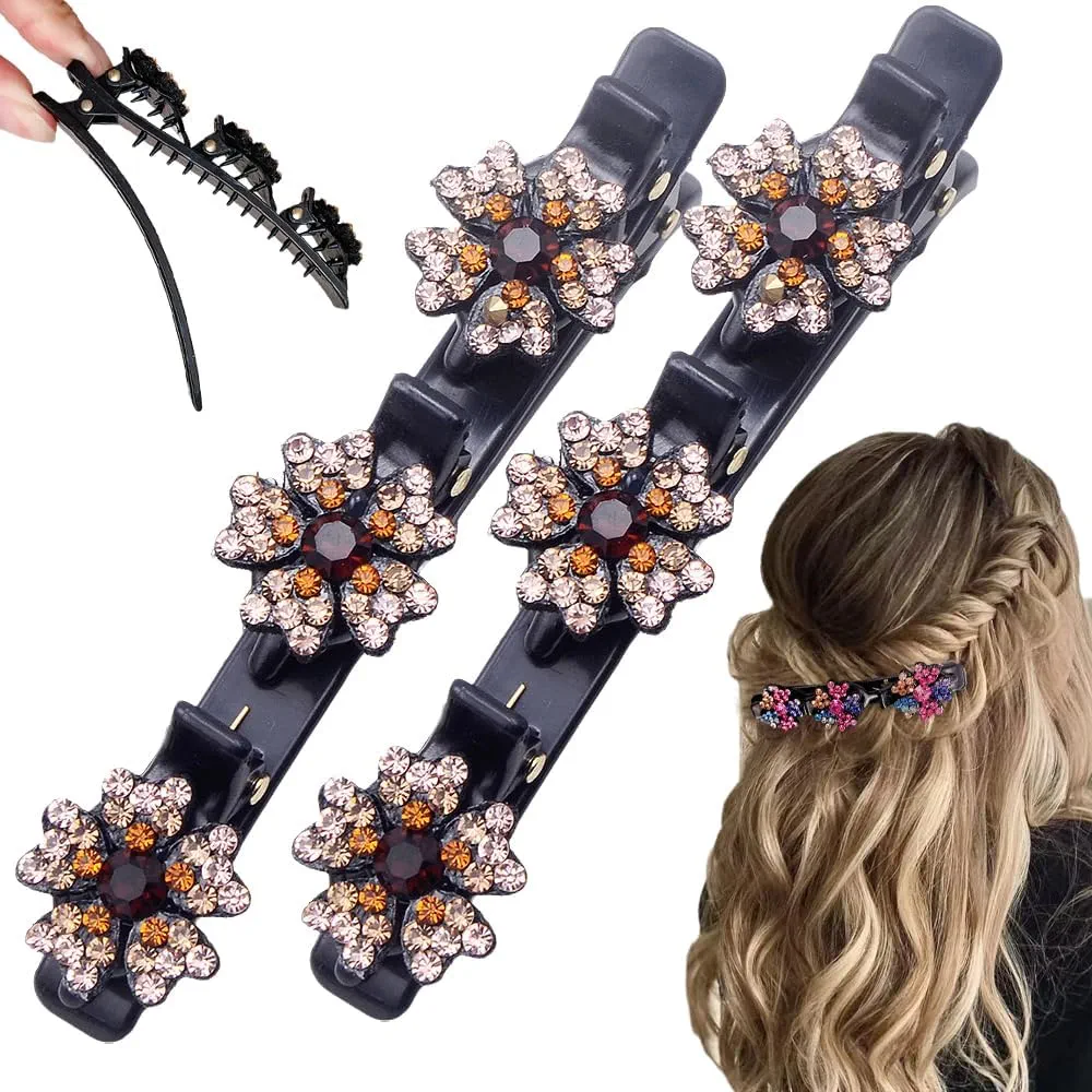 2 Pcs Sparkling Crystal Stone Braided Hair Clips, 2025 New Satin Fabric Hair Bands Rhinestone Four-Leaf Clover Hair Clip for Styling, Duck Bill Clips for Women Girls (C)