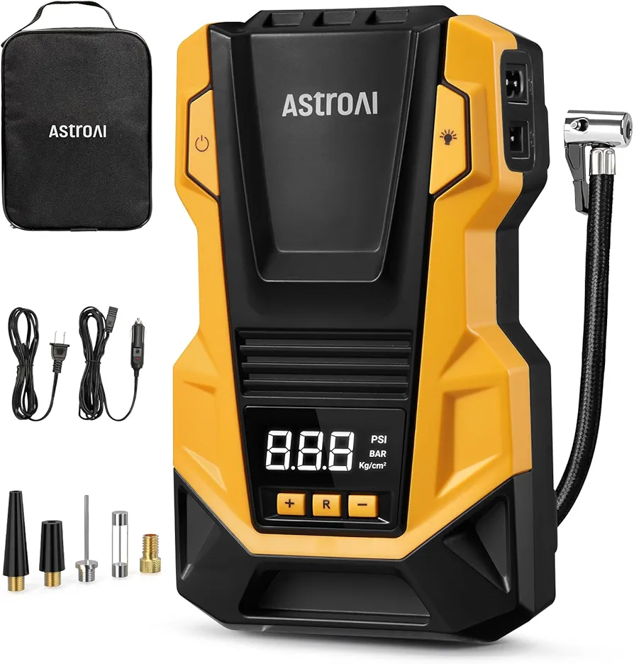 AstroAI AC/DC Tire Inflator Portable Air Compressor for Car, Air Pump for Car Tires, Car Accessories 150PSI with LED Light for Cars, Balls, Motorcycles, and Other CZK-3666 Yellow