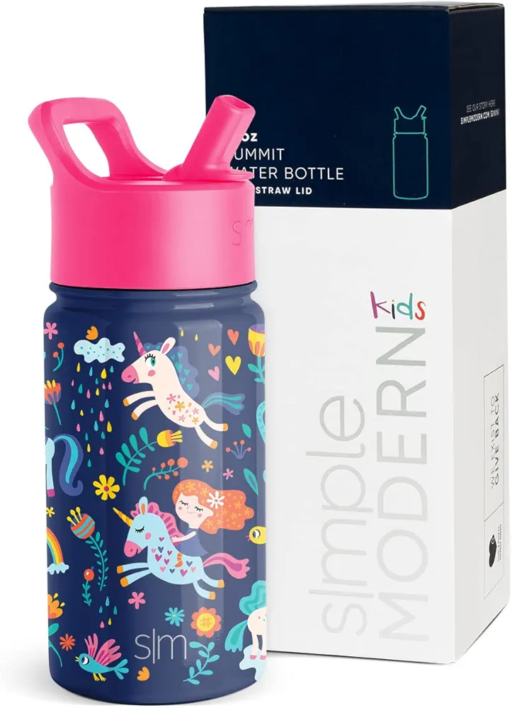 Simple Modern Kids Water Bottle with Straw Lid | Insulated Stainless Steel Reusable Tumbler for Toddlers, School | Summit Collection | 14oz, Unicorn Rainbows