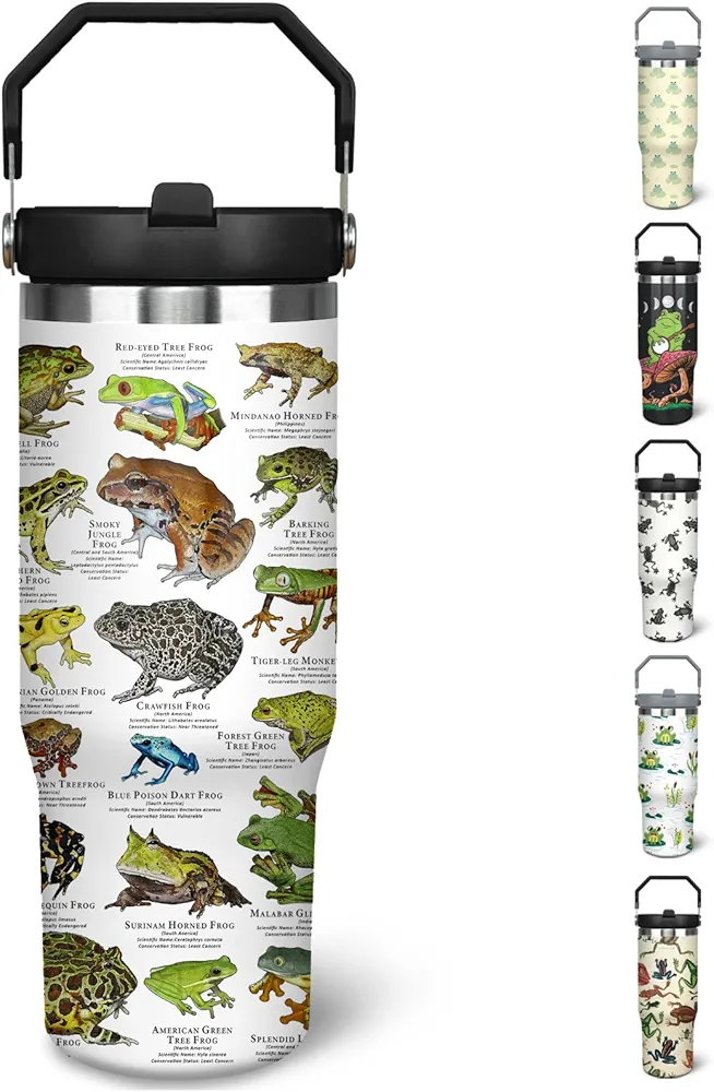 30 oz Frog Tumbler With Handle and Straw, 30oz Frog Flip Straw Tumbler Insulated Coffee Travel Mugs Cup Water Bottle Frog Gifts for Frog Lovers Women Girls