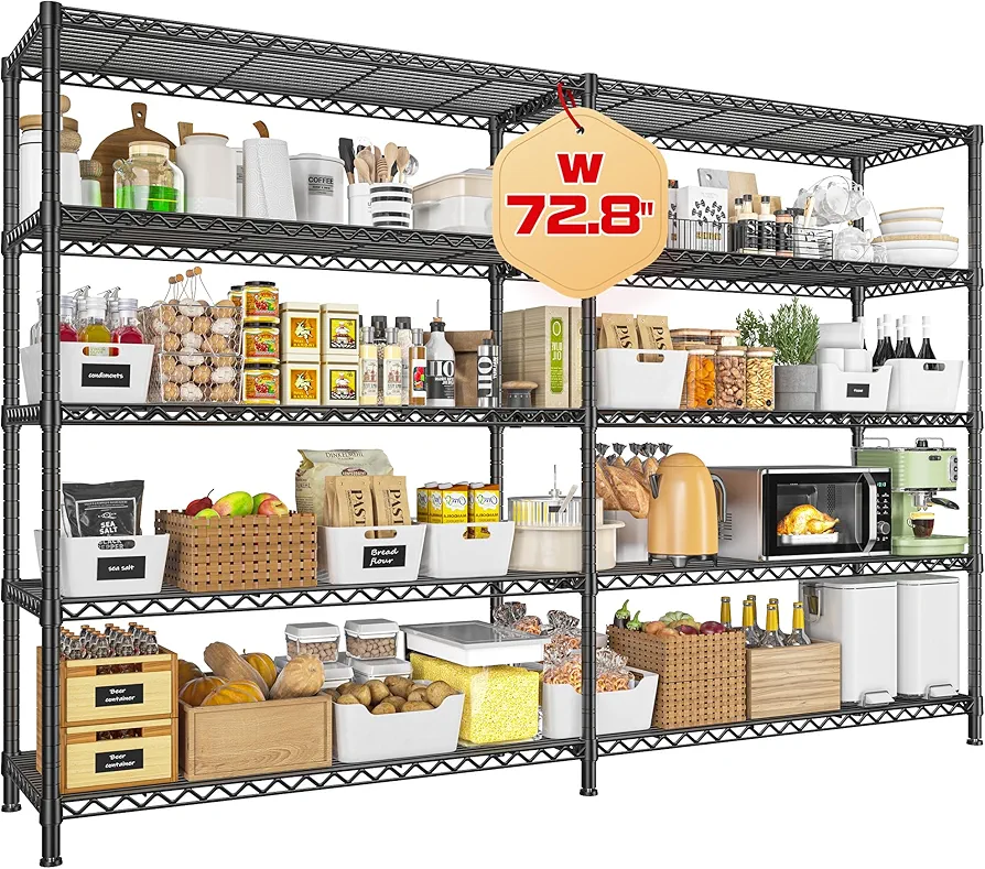 REIBII 73''W Storage Shelves, 71" H Garage Shelving Loads 1650 LBS, 5 Tier Adjustable Wire Shelving Rack, Heavy Duty Garage Shelving for Garage Pantry Kitchen Warehouse