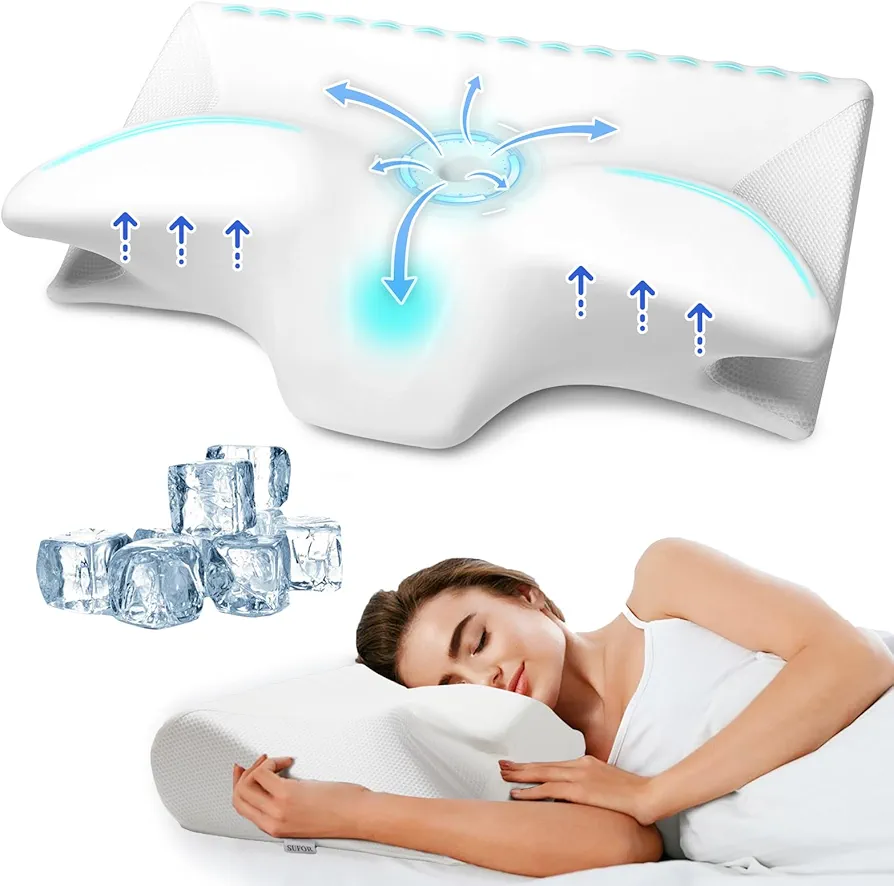 Cervical Pillow for Neck Pain Relief, Cooling Contour Memory Foam Pillows Support Odorless Ergonomic Neck Pillow Adjustable Orthopedic Bed Pillow for Side Back Stomach Sleeper with Pillowcase（White）