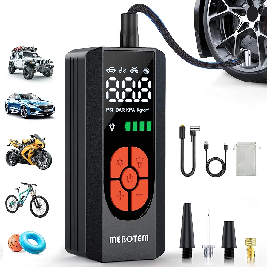 Tire Inflator Portable Air Compressor, 150PSI Portable Air Pump for Car Tires, Electric Bike Tire Pump with Digital Pressure Gauge, 2X Fast Cordless Tire Inflator for Car Bike Motorcycle Ball, Black