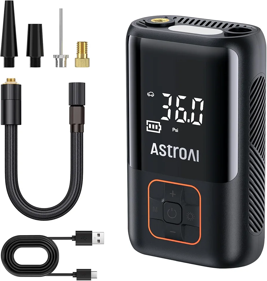 AstroAI Tire Inflator Portable Air Compressor Cordless Ultra-Lightweight Car Tire Pump 150 PSI Bike Pump with LED Lights & Digital Screen Air Pump for Cars, Motorcycles, E-Bikes, Balls-Black