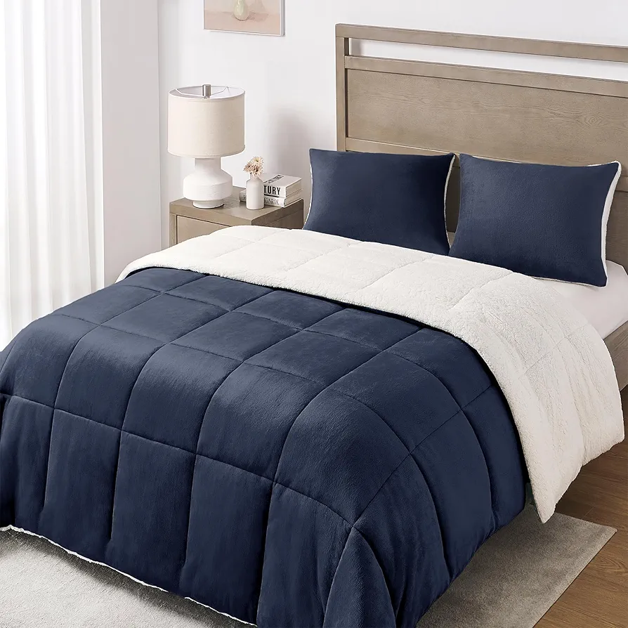 Basic Beyond Queen Comforter Set - Luxury Fleece Sherpa Comforter Sets for Queen Bed, Soft and Warm Queen Size Bedding Comforter Set for Winter, Navy, 88"x88"