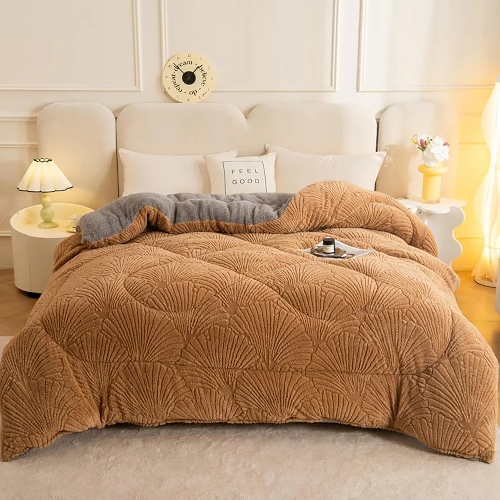 ZTGL Super Soft Quilt Sherpa Full Size - Warm Thickened Lambswool Comforter Core - Winter Double Sided Fluffy Plush Jacquard Quilt Lamb Fleece Blanket,Khaki,150x200cm(2kg)