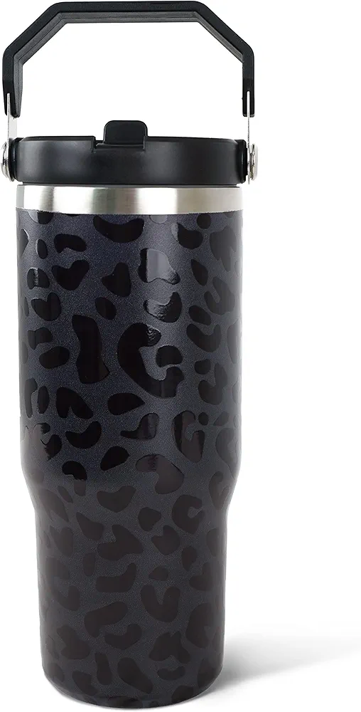 30oz Black Leopard Tumbler with Handle and Straw, Stainless Steel Vacuum Insulated Coffee Tumbler, Travel Mug Water Bottle, Leopard Stuff Accessories Decor, Leopard Gifts for Women