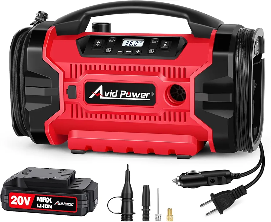 Avid Power Tire Inflator Portable Air compressor, 3 Power Source (110V AC,12V DC, 20V Battery), Car Air Pump w/Inflation & Deflation Modes, Triple Power Tire Inflator w/Dual Powerful Motors