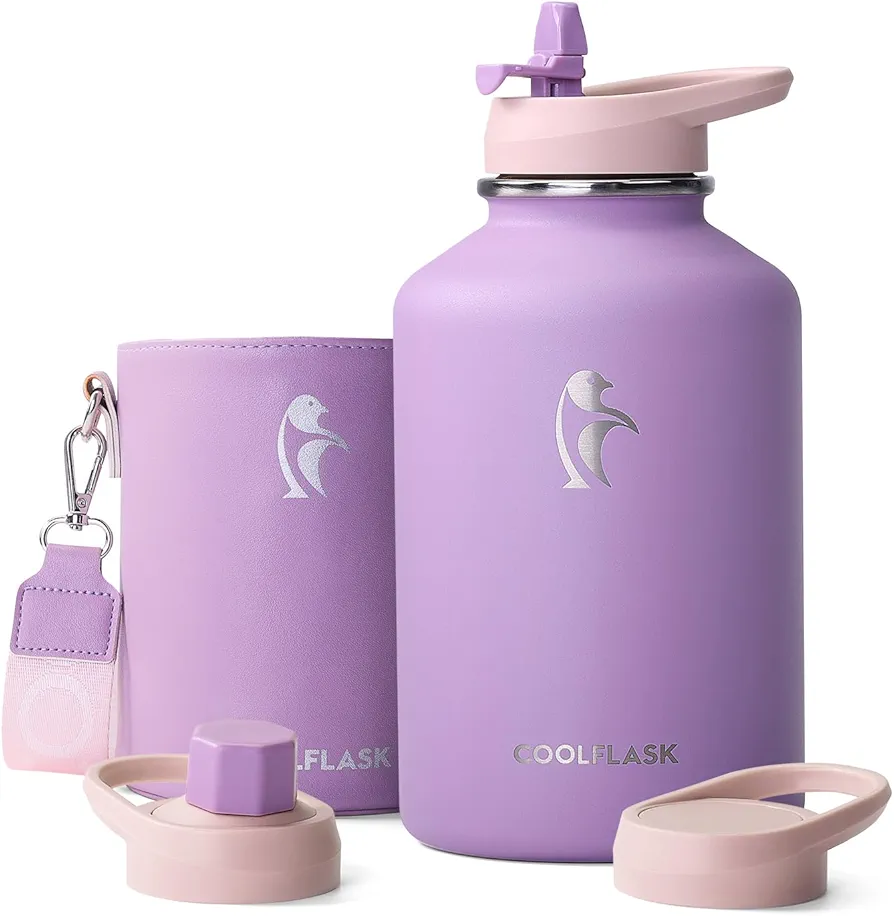 Coolflask Half Gallon Water Bottle Insulated with PU Leather Sleeve, 64 oz Water Bottle Color Contrast with Straw Lids, Stainless Steel Metal Large Water Jug, Keep Cold 48h Hot 24h,Lilac Purple