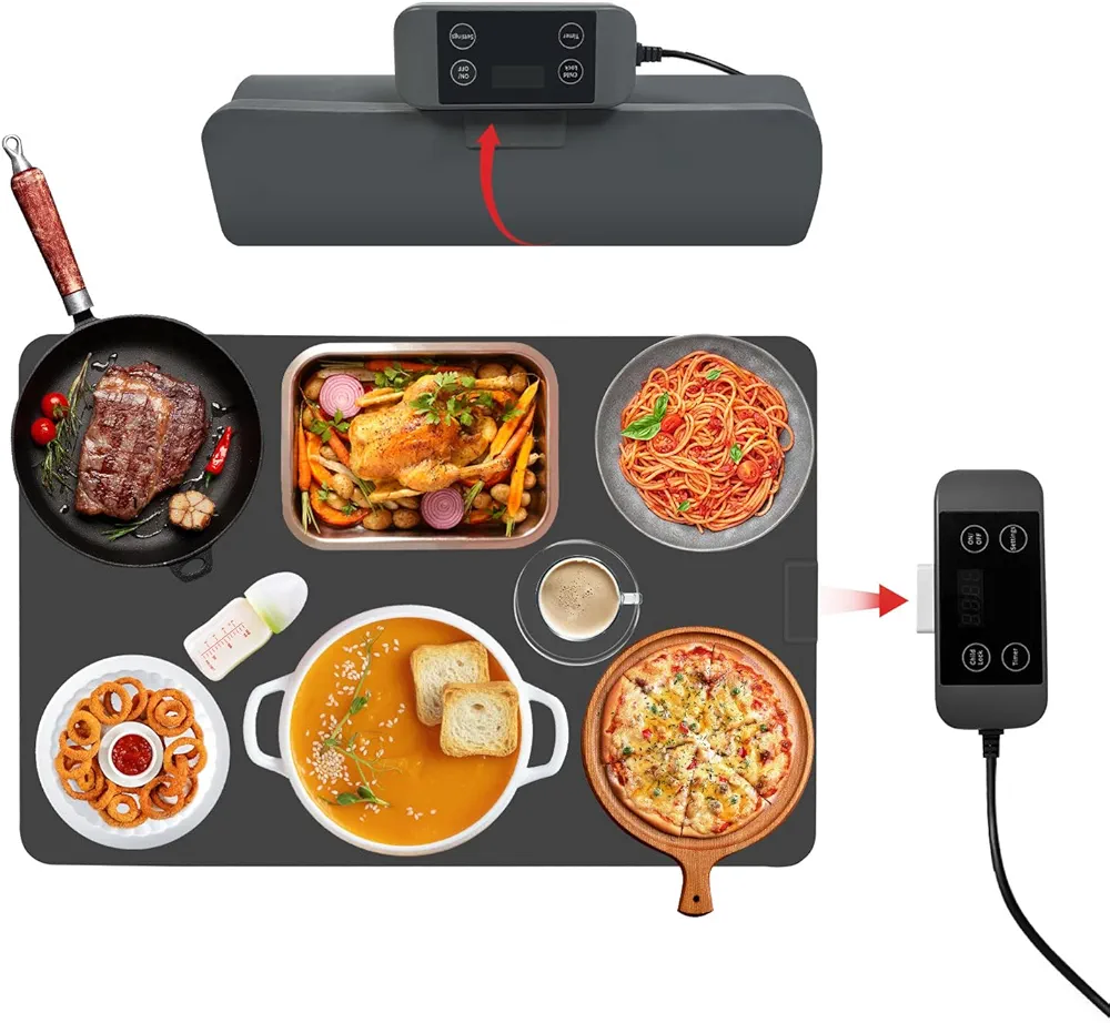 Electric Food Warming Mat with Detachable Switch,Washable Fast Heating Pad with 11 Level Temp and 12H Timer, Roll up Hot Silicone Plates for Buffet, Portable Food Warmer Tray for Parties Home Travel