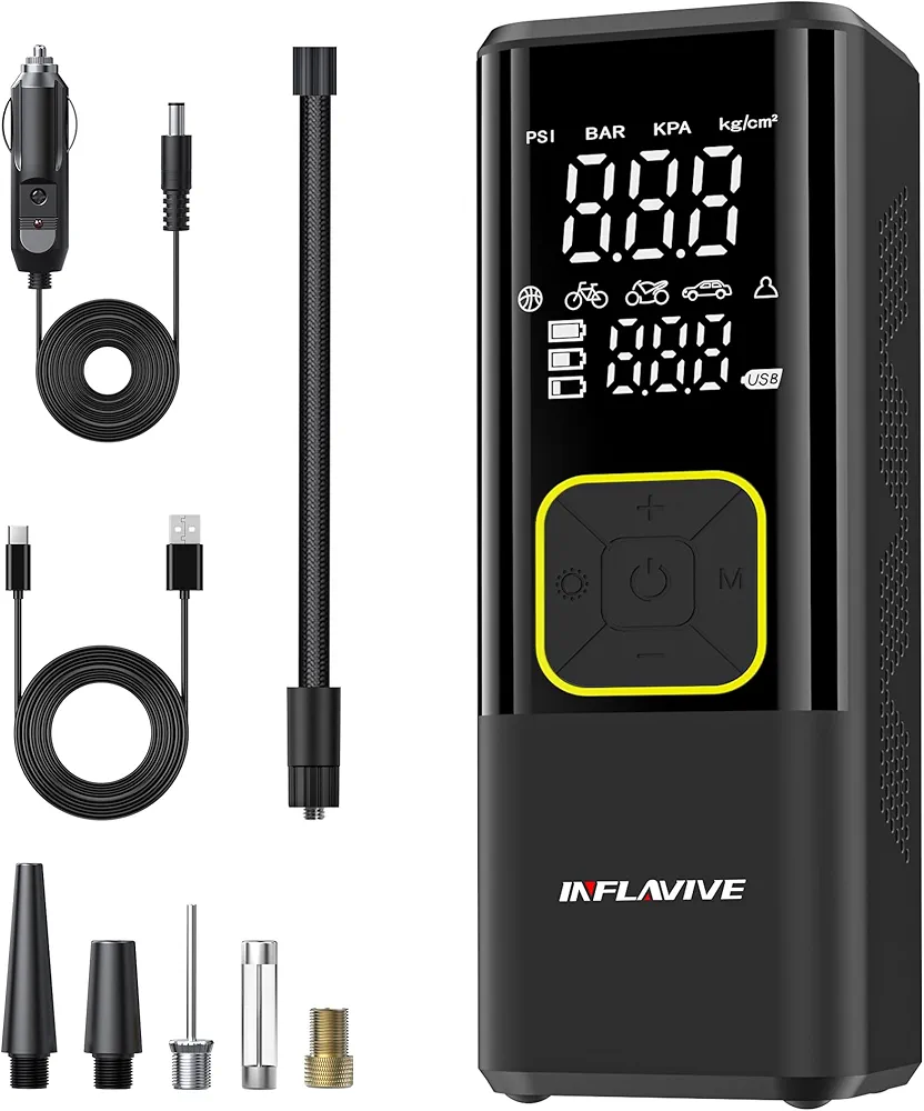 Tire Inflator Portable Air Compressor, 3X Faster Cordless Air Pump for Car Tires, 150PSI Bike Tire Pump with Pressure Gauge LED Light, 12V DC Portable Tire Inflator for Car, Motorcycle, Bicycle, Ball