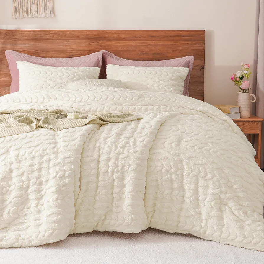 PHF Fluffy Sherpa Fleece Comforter Set Queen, 3 Pieces Warm Fuzzy Soft Bedding Comforter Set, 3D Tufted Flannel Warm Plush Shaggy Sherpa Bedding Set for Winter (Cream, 90x90Inch)