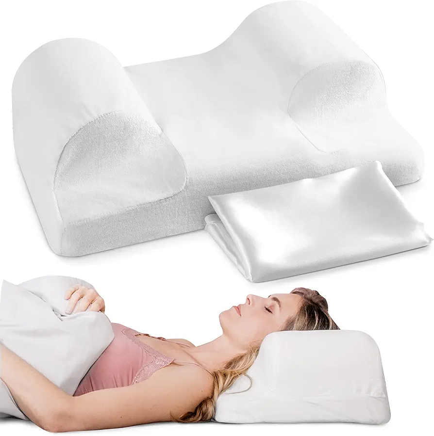 YourFacePillow - Ergonomic Cervical Memory Foam Pillow for Back Sleeping - Neck & Shoulder Support - Best Sleep Alignment - Large with Satin Case