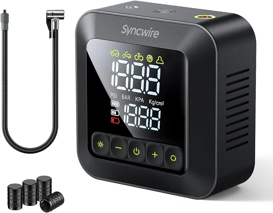 Syncwire Tire Inflator Portable Air Compressor 150PSI Air Pump for Car Tires [3X Faster] Inflation Electric Smart Tire Pump with Extra-Large LCD Dual Value Display [Free Car Tire Valve Caps], Auto-Off