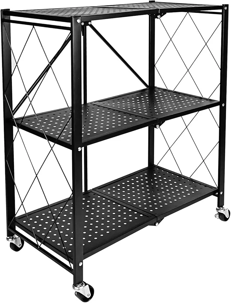 HealSmart Heavy Duty 3-Tier Foldable Metal Rack, 14.96" D x 27.95" W x 34.25" H Storage Shelving Unit 750 lbs with Wheels Moving Organizer Shelves for Garage Kitchen, Black