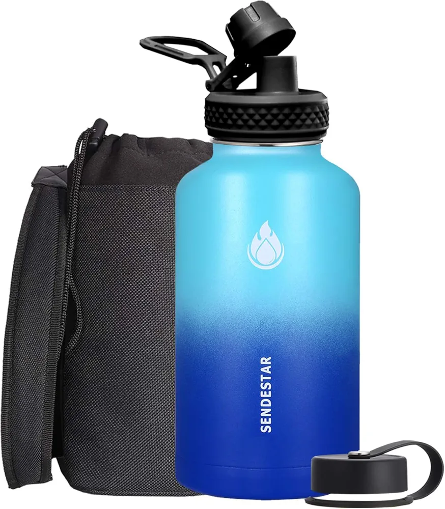 SENDESTAR 64 oz Water Bottle Double Wall Vacuum Insulated Leak Proof Stainless Steel Beer Growler +2 Lids—Wide Mouth with Flat Cap & Spout Lid Includes Water Bottle Pouch (Mint/Cobalt)