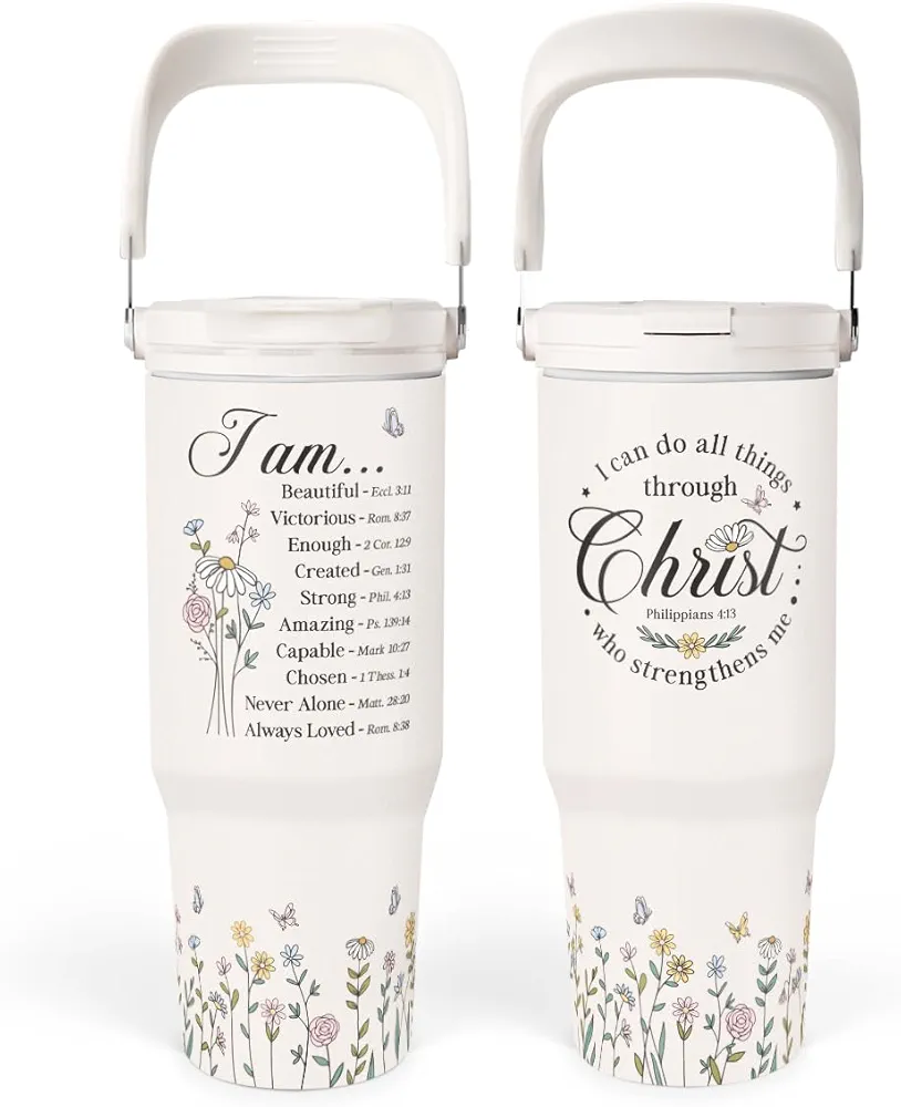 SANDJEST Christian Tumbler with Handle 30oz, Religious Gifts for Women, Stainless Steel Flip Straw Insulated Tumblers Coffee Travel Cup, Inspirational Gifts for Her for Birthday Christmas Mothers Day