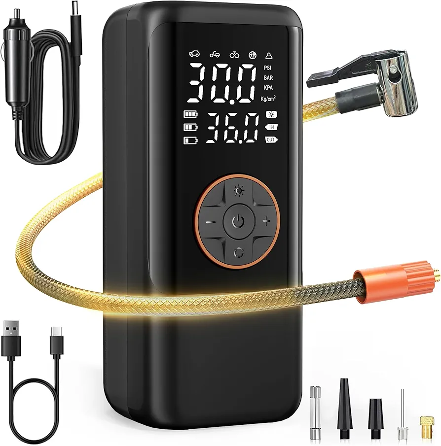 Tire Inflator Portable Air Compressor, 150PSI Air Pump for Car Tires, Cordless Bike Pump with Tire Pressure Gauge & LED Light, 12V DC Tire Pump for Cars, Motorcycles, Bikes, Balls