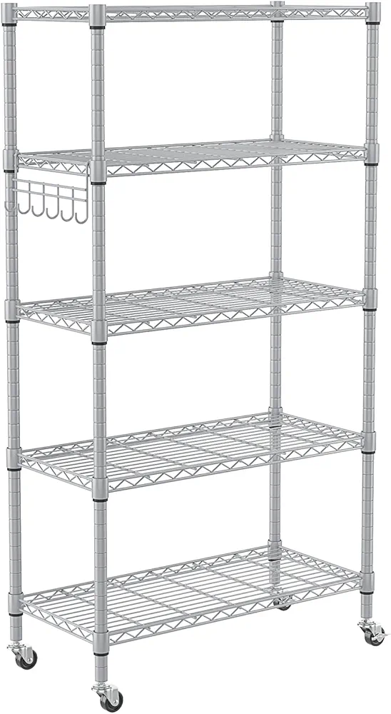 Homdox 5 Tier Adjustable Rolling Storage Shelves, Heavy Duty Wire Storage Racks and Shelving, Metal Shelves for Storage with Side Hooks for Pantry Closet Kitchen Garage Organization, Silver Gray