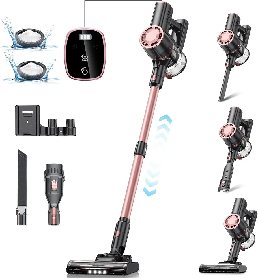 Cordless Vacuum Cleaner for Home - 25Kpa Stick Vacuum with Self Standing Design, Max 35Min Runtime, 6 in 1 Lightweight Vacuum for Hardwood Floors and Carpet Pet Hair Car (Pink)