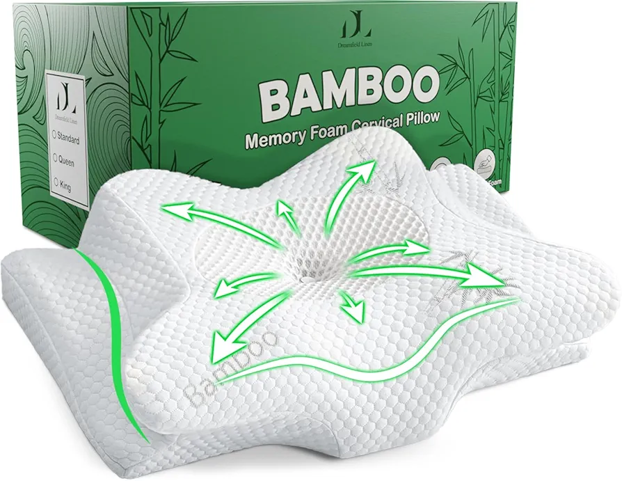 Bamboo Rayon Cervical Neck Pillow for Neck Pain Relief - Memory Foam Ergonomic Pillow for Sleeping, Adjustable Orthopedic Contour Neck & Shoulder Support Cooling Pillow - Back and Side Sleepers