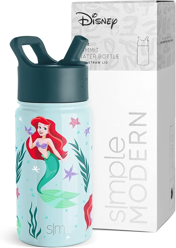 Simple Modern Disney The Little Mermaid Ariel Kids Water Bottle with Straw Lid | Reusable Insulated Stainless Steel Cup for School | Summit Collection | 14oz, The Little Mermaid Ariel's Treasures