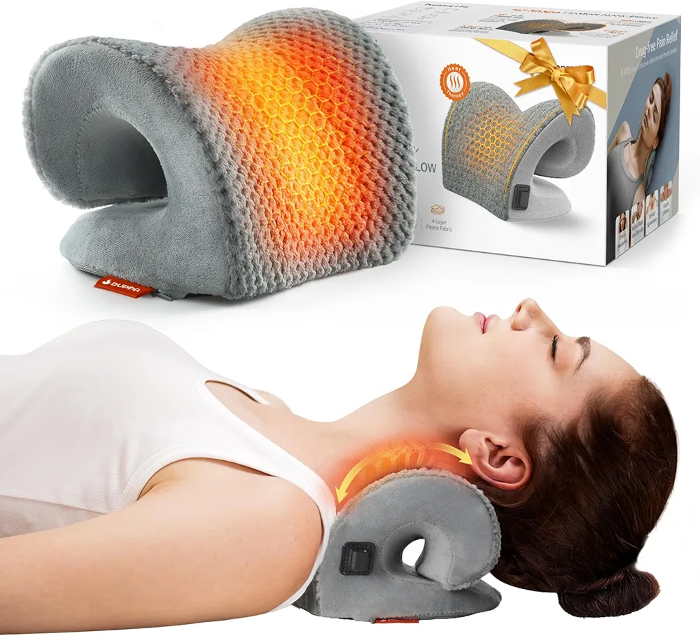 Heated Neck Stretcher with Digital Display 6 Heat Levels, Heated Cervical Traction Device with Large Graphene Heating Pad, e-Shape Neck and Shoulder Relaxer for Muscle Tension