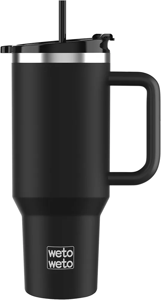 WETOWETO 40 oz Tumbler with Handle, Leak-proof Insulated Tumbler with Lid and Straw, Stainless Steel Travel Mugs Coffee Mug Keeps Cold for 24 Hours or Hot for 10 Hours (Midnight Black)