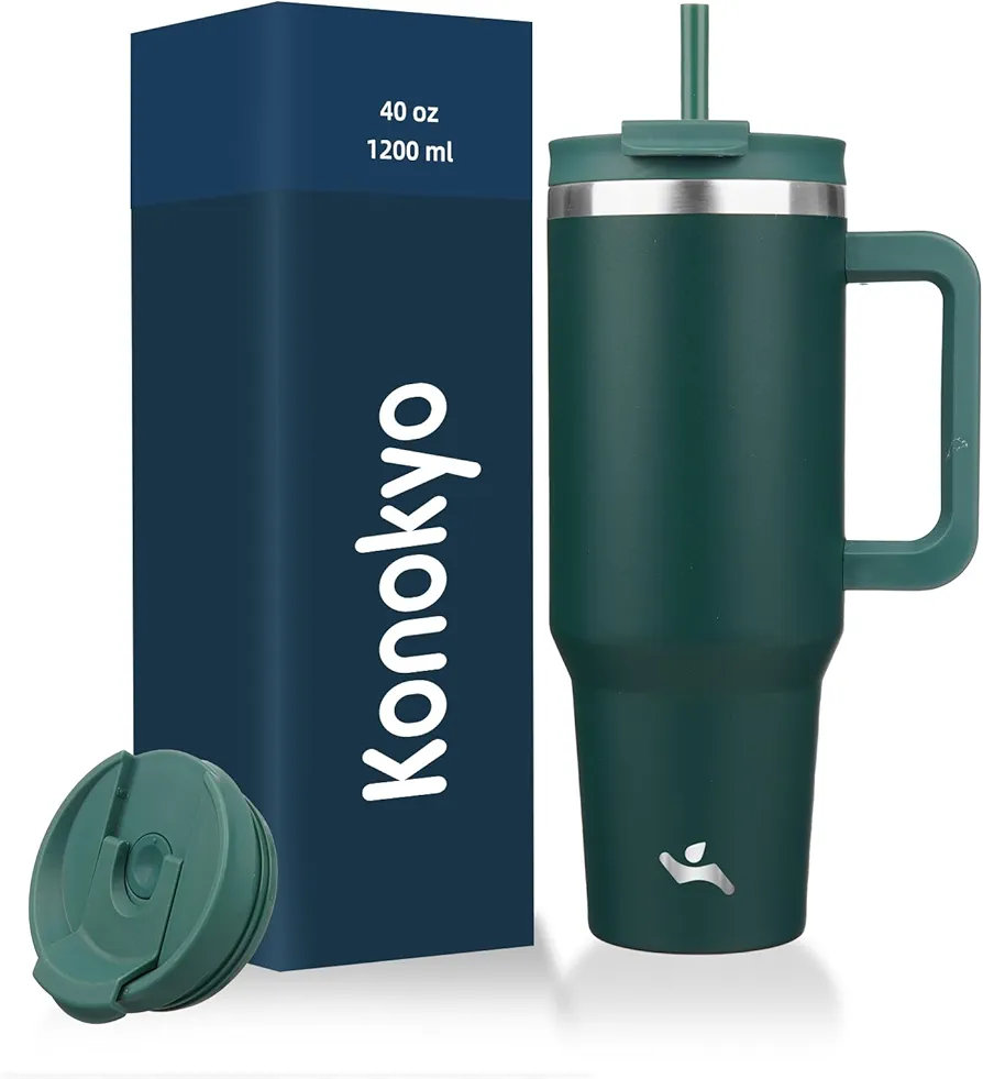 40 oz Tumbler with Handle and 2 Straws,2 in 1 Lid Insulated Water Bottle Stainless Steel Travel Coffee Mug,Dark Green