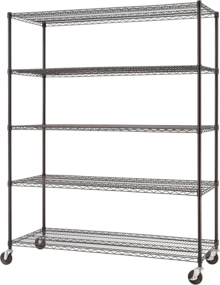 TRINITY Basics 5-Tier Adjustable Wire Shelving with Wheels for Kitchen Organization, Garage Storage, Laundry Room, NSF Certified, 600 to 2250 Pound Capacity, 60” by 24” by 77”, Black