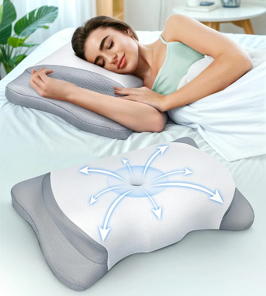 Adjustable Height Cervical Neck Pillow for Pain Relief, Hollow Pillow with Cooling Breathable Pillowcase, Odorless Memory Foam Pillows, Orthopedic Bed Pillow Support Shoulder Side Back Stomach