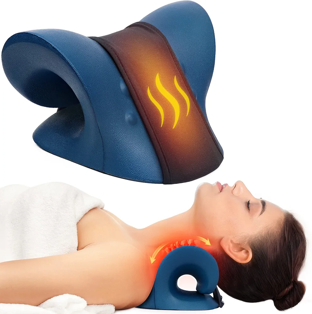 Neck Stretcher for Neck Pain Relief, Heated Cervical Traction Device Pillow with Graphene Heating Pad, Neck and Shoulder Relaxer for TMJ Pain Relief and Cervical Spine Alignment (Dark Blue)