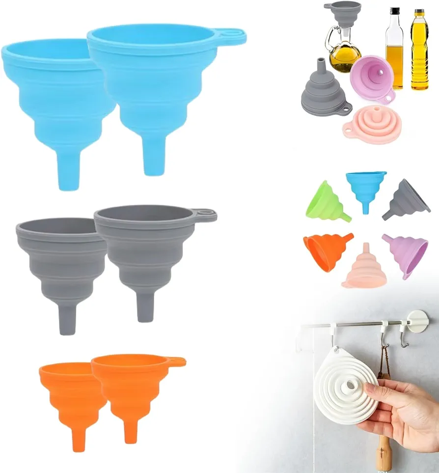 6 Pack Kitchen Funnel Set, 2025 New Food Funnel Silicone Collapsible Funnels for Kitchen, Upgrade Funnels for Filling Small or Mini Bottles,Perfume,Filling Capsules,Fry Oil Filter,Essential Oil,Spice.