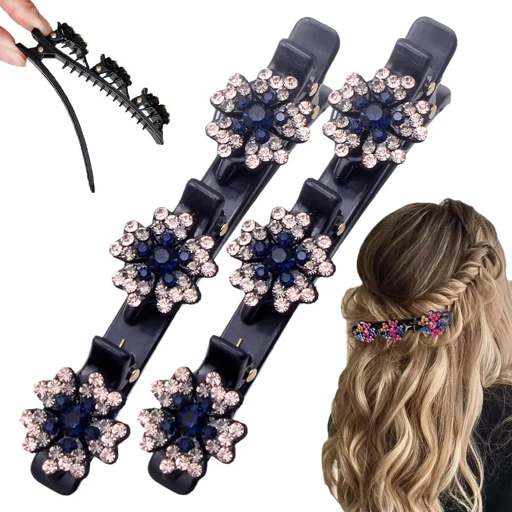 2 Pcs Sparkling Crystal Stone Braided Hair Clips, 2025 New Satin Fabric Hair Bands Rhinestone Four-Leaf Clover Hair Clip for Styling, Duck Bill Clips for Women Girls (B)