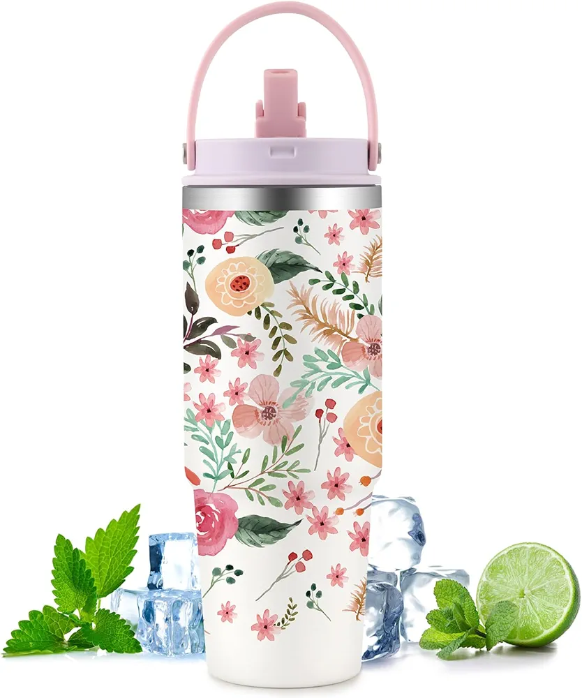 Flowers 30oz Tumbler with Handle Flip Straw Lid Stainless Steel Water Bottle, Leakproof Travel Mug Coffee Cup, Birthday Mothers Day Christmas Gifts For Women Friends Flowers Bloom Lovers 3