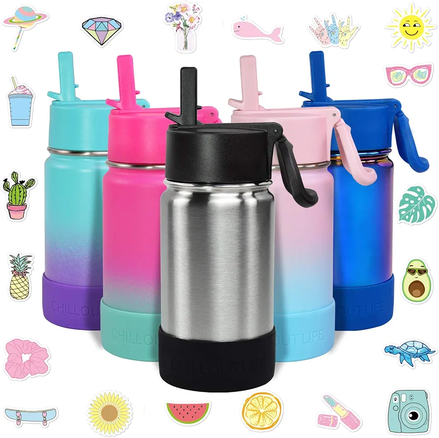 CHILLOUT LIFE 12 oz Kids Insulated Water Bottle for School with Straw Lid Leakproof and Cute Waterproof Stickers, Personalized Stainless Steel Thermos Flask Metal Water Bottle, Dishwasher Safe Color