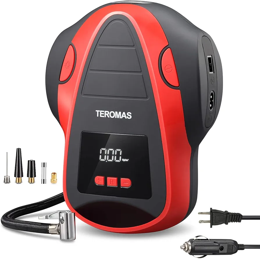 TEROMAS Tire Inflator Portable Air Compressor, Air Pump DC/AC for Car Tires 12V DC and Other Inflatables at Home 110V AC, Digital Electric Tire Pump with Pressure Gauge(Red)