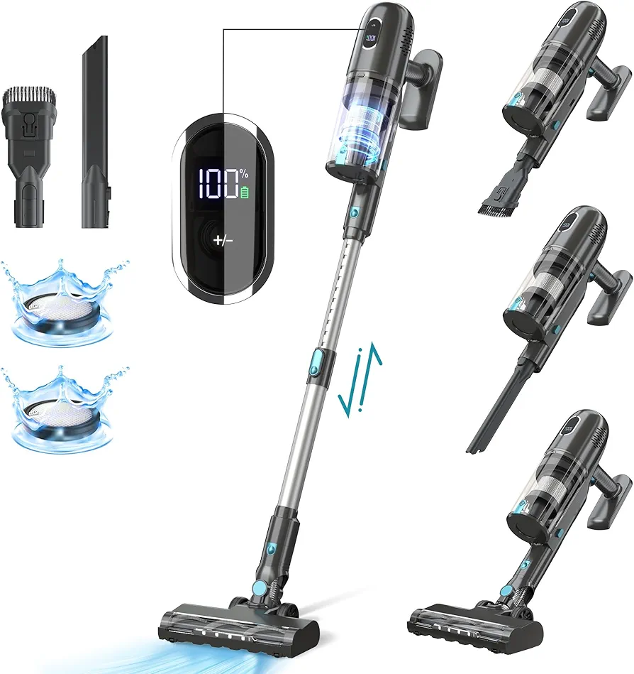 Cordless Vacuum Cleaner, 43Kpa Powerful Stick Lightweight Vacuum with LED Touch Display, 45 Mins Long Runtime, Self-Standing Brushless Motor Vacuum for Hard Floor Carpet Hair