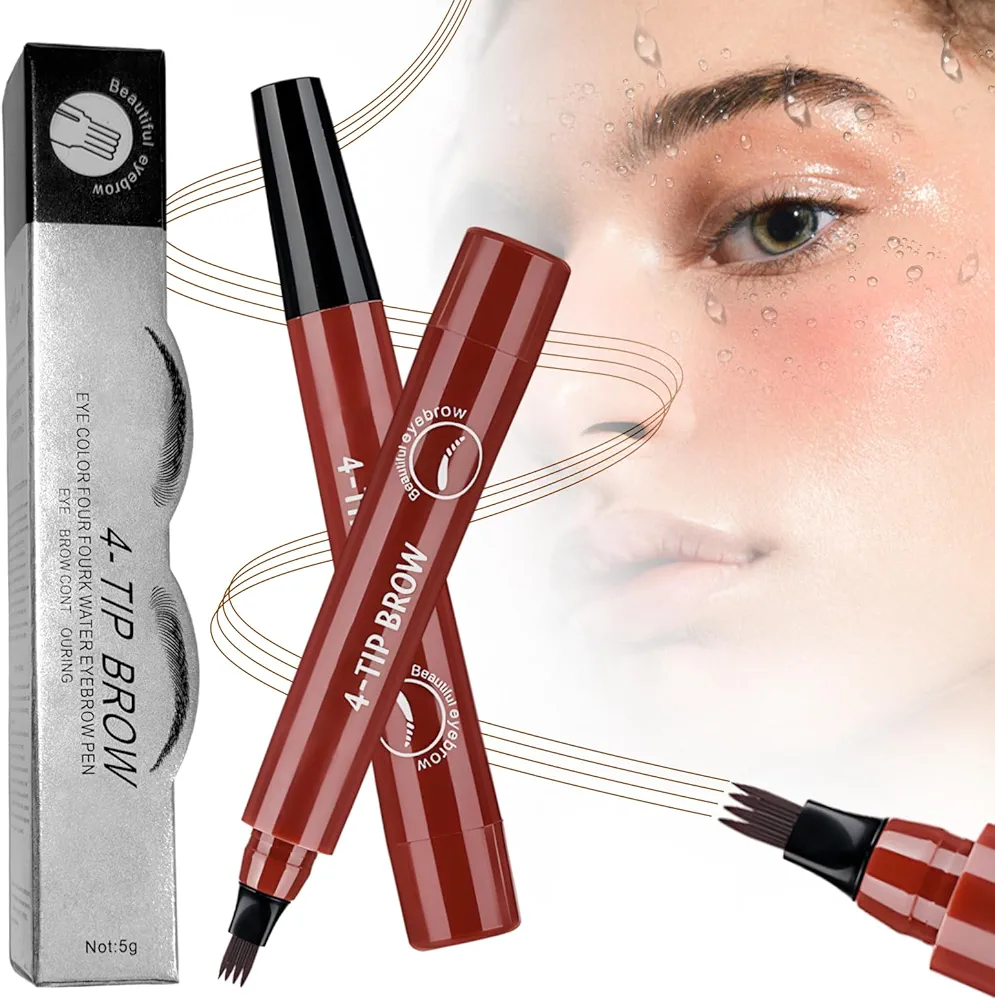 Microblading Eyebrow Pencil, 2025 Upgraded Waterproof 3D Microblading Eyebrow Pen, 4 Tip Precise Eye Brow Pencil with Hair Like Strokes, Long Lasting Brow Pen Stay on All Day (Reddish Brown)